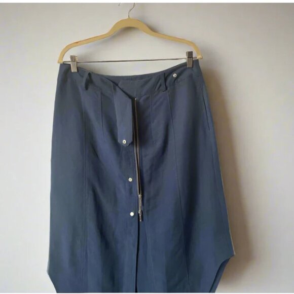 Tristan A-Line Midi Skirt 12 Blue Tencel Linen Button Full Zip Asymmetric Hem - Picture 3 of 9